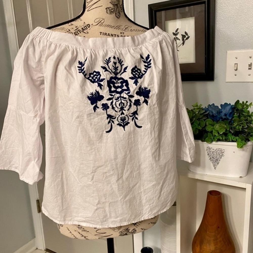 Blue Rain off the Shoulder White Blouse
